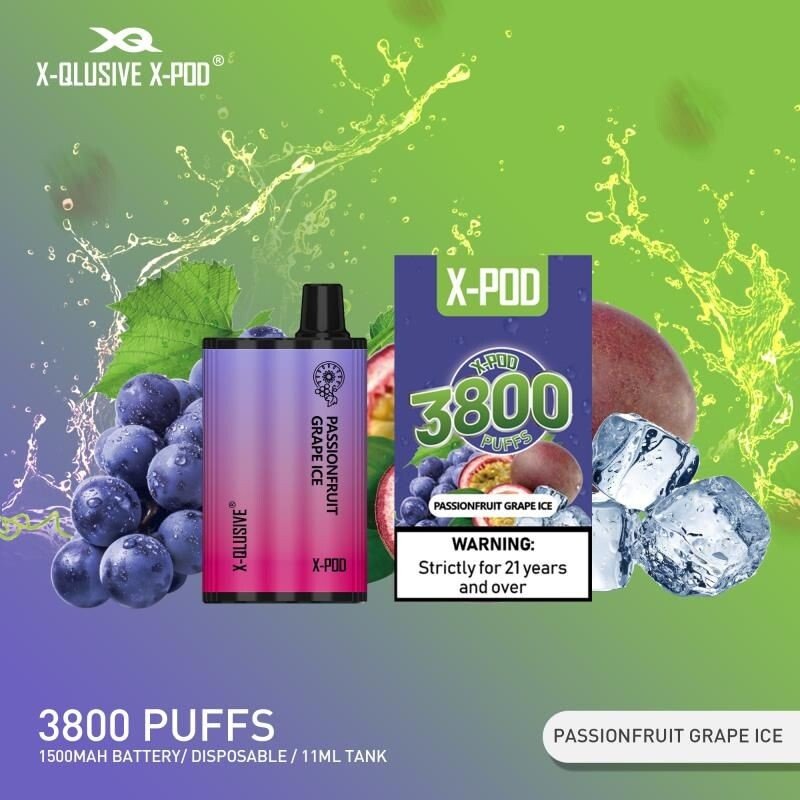 x-pod-passionfruit-grape-ice.jpeg X-QLUSIVE X-POD PASSIONFRUIT GRAPE ICE – 3800 PUFFS - Image 1